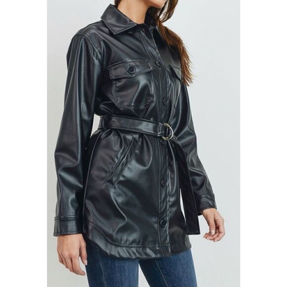 Faux Leather Belted Long Jacket - Picture 5 of 5